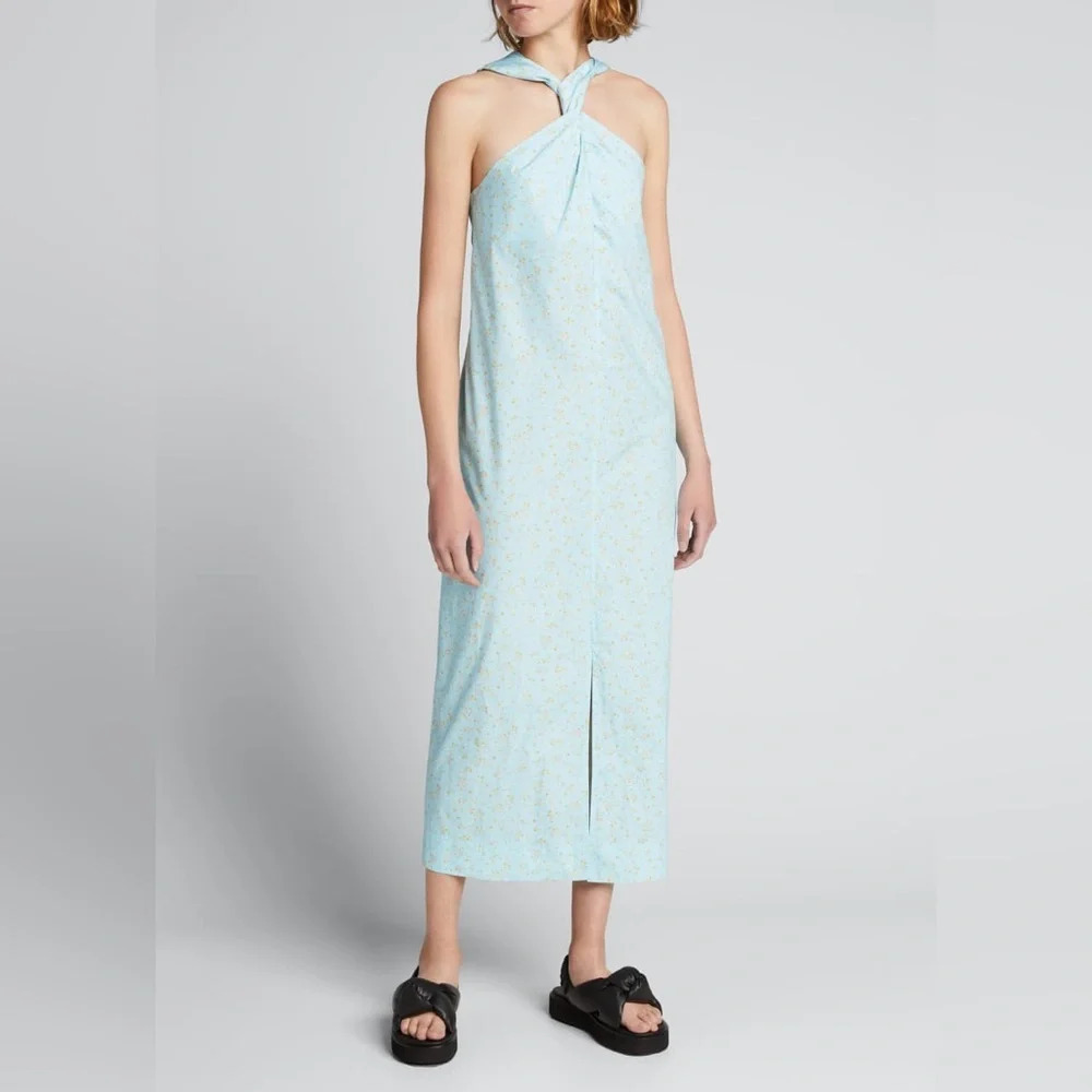Ganni Blue Floral‎ Printed Cotton Poplin Sleeveless Twist-Front Midi Dress